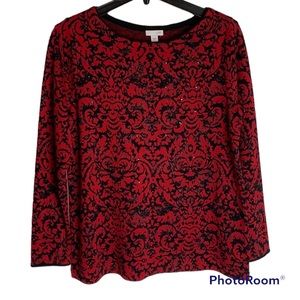 J. Jill Red & Black Damask Long Sleeve Knit Sweater Crystal Sparkle Size S EUC